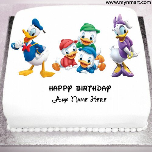 Smiling and Happy Donald duck Birthday Cake With Name on cake